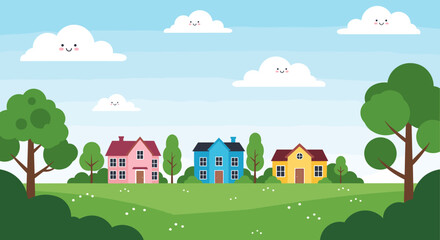 Naklejka premium Charming cartoon houses in a vibrant green landscape with smiling clouds.