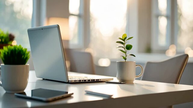 Minimal Home Office Workspace with Laptop and Green Plant under Warm Morning Light