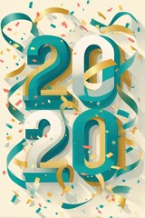 Teal and Gold 2020 New Year Design with Confetti and Ribbons