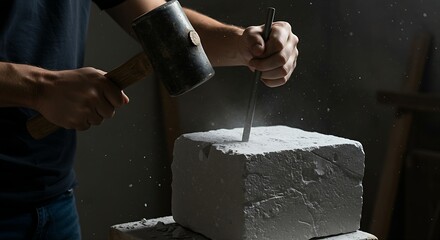 hands using a heavy mallet to chisel away at a rough block of stone, revealing a sculpture underneath. The sound and power of the action are implied.