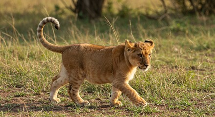 Obraz premium Lion cub exploring savanna