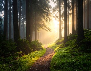 Sunlight streams through a misty forest path