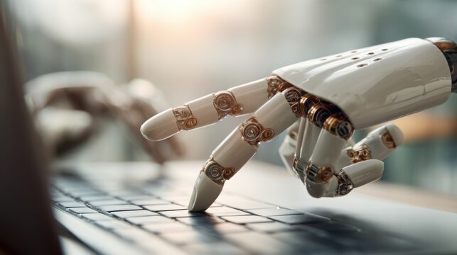 A robotic hand is poised above a laptop keyboard, about to type. The setting features a bright and contemporary workspace, emphasizing the interaction between technology and human-like manipulation.