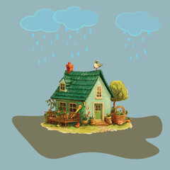 Cute Cottage House Rain Scene