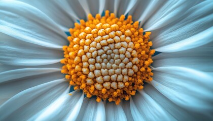 Macro Shot of a White Daisy with Yellow Center and Blue Undertones