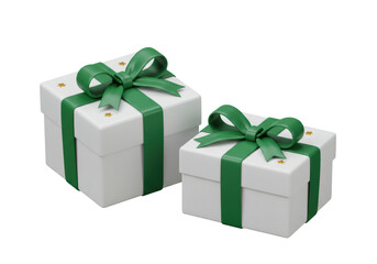 Isolated white gifts with green ribbons, stars for birthday celebration in studio shot