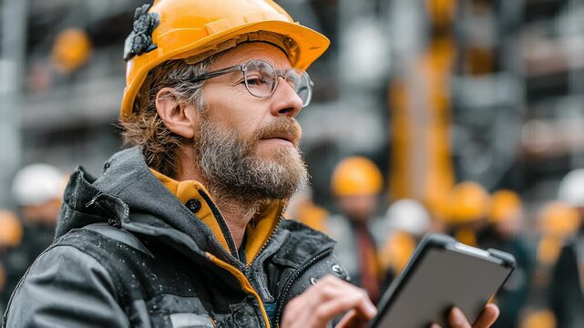 Construction Supervisor Inspecting Site with Tablet, Wearing Hard Hat and Safety Gear, Overseeing Team, Blurred Background, Outdoor, Professional