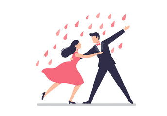 Man and woman dancing in rain with romantic atmosphere  