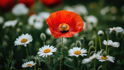 Vibrant Red Poppy Amongst White Daisies in a Field