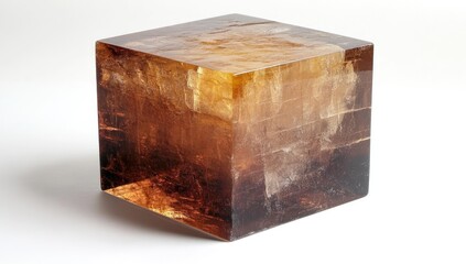 Translucent Amber-Hued Crystal Cube with Internal Fractures and Light Reflections