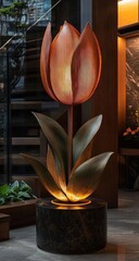 Elegant Tulip Lamp: Copper-Colored Metal Flower Design on Marble Base, Interior Decor