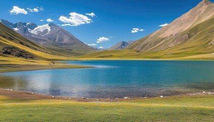 Stunning blue mountain lake surrounded by vast green and snowy peaks under a clear sky