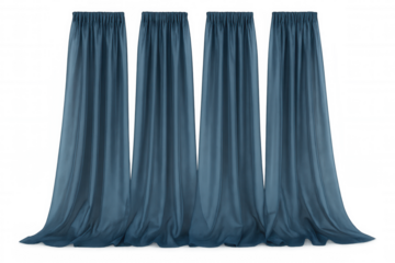 Blue fabric curtains with gathers, drapery hanging down, adding style to interior design, transparent background