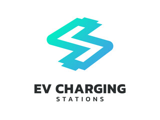 Electric vehicle charging with letter S Word Meaning station battery shape logo vector design concept. Letter S logotype symbol for Electric Car, EV station, ui, web, ev business, infographic, energy.