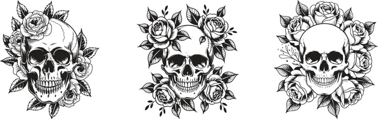 Fototapeta premium skull with roses tattoo design set. gothic floral skull illustration for halloween fashion vector art