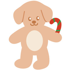 Cute animal illustration of puppy with candy cane for decoration, greeting card, standee, sticker, dog cartoon, character, comic, cute patch, adopt and rescue animal, pet shop, vet, toy, foster home