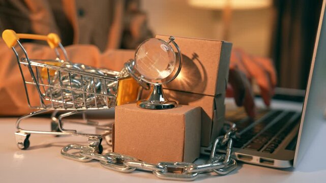 A businessperson arranges boxes beside a miniature globe and a shopping cart wrapped in chains illustrating small entrepreneurs&rsquo; ongoing struggle against monopolistic powers in the global market.
