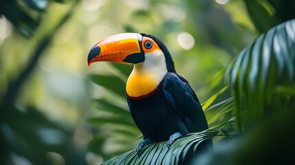 Fototapeta premium A colorful toucan perched on a vibrant green leaf in a lush tropical rainforest setting peacefully