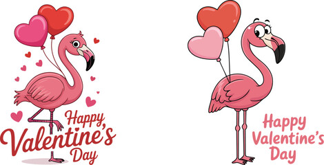 happy valentine’s day flamingo design. cute pink bird holding heart balloons romantic love vector illustration
