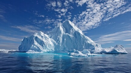 A large iceberg rises dramatically from the ocean, surrounded by calm turquoise waters. Sunlight glints off the icy surfaces under a vibrant blue sky, dotted with white clouds.
