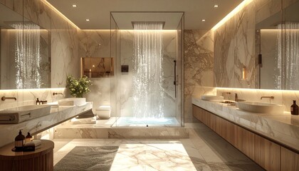 Luxurious bathroom interior showcasing a modern shower with marble accents and ambient lighting.