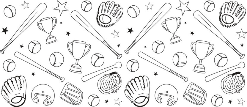 baseball seamless doodle pattern design. sport bat ball glove helmet and trophy line art vector illustration