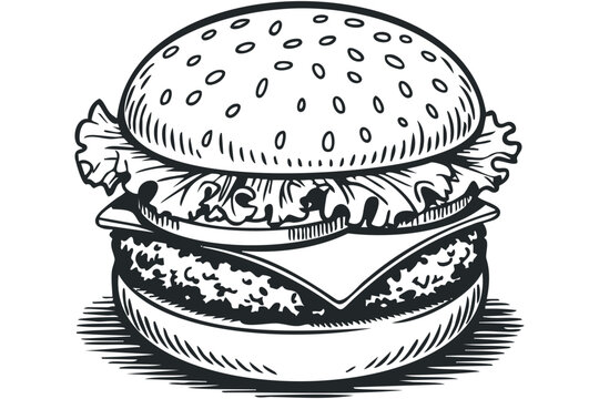Black and White Hamburger Drawing on Transparent. Vector hand drawn illustration