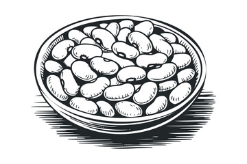 Hand Drawn Bowl of White Kidney Beans. Vector hand drawn illustration