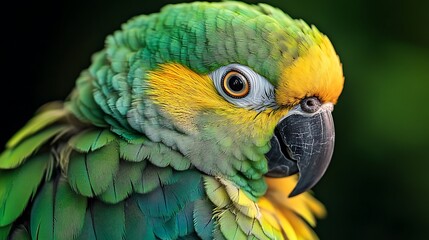 Fototapeta premium Close up portrait of a colorful parrot with green and yellow feathers on a blurred background