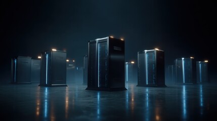 Futuristic Data Center with High-Tech Servers in Dark Surroundings and Soft Blue Glows