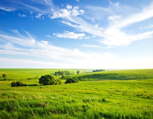 Fototapeta premium A vast expanse of verdant meadows stretches beneath a brilliant blue sky, dotted with fluffy white clouds.