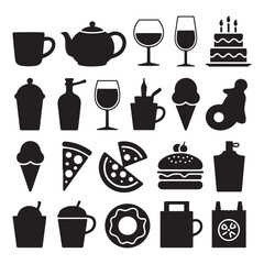 Solid black silhouette icon set of food and drinks elements, including teapot, burger, pizza slice, coffee cup and more, bold flat vector shapes, clean modern style, professional design.