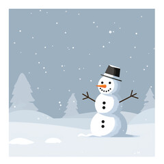 Minimalist Vector Illustration of Snowman with Black Hat and Carrot Nose in Winter Scene