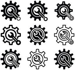 Set of nine black silhouette gear and wrench icons representing mechanics and industry on a white background Keywords: gear, wrench, tool, mechanic, industry, engineering, icon