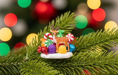 Golden baubles and sparkling lights on a pine branch, red ribbons, and glowing fairy lights, joyful festive moment on Christmas Day