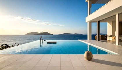 A luxurious modern villa with an infinity pool overlooking the ocean and distant islands.