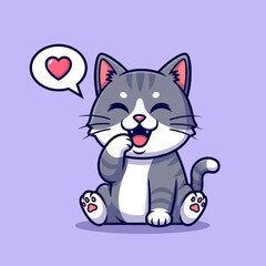 Cute cartoon cat with heart in speech bubble on purple background.