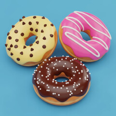 Three delicious and colorful donuts with various toppings, including chocolate chips, pink icing, and chocolate frosting with sprinkles, arranged on a bright blue background.