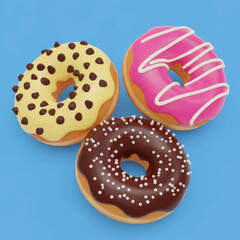 Three delicious donuts with different toppings, including chocolate chips, pink icing with white drizzle, and chocolate icing with white sprinkles, arranged on a vibrant blue background.