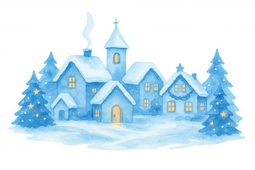 Watercolor christmas village at night with snow-covered houses, glowing windows, and decorated spruce trees, transparent background