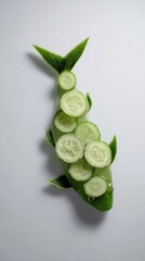 A creatively arranged cucumber sculpture resembling a fish, adorned with cucumber slices and leafy greens.