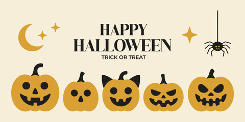 happy halloween greeting poster. scary pumpkin faces with moon spider and trick or treat vector illustration