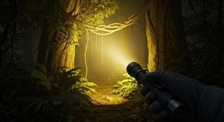 Holding Flashlight Illuminating Dark Jungle Path with Liana Vines