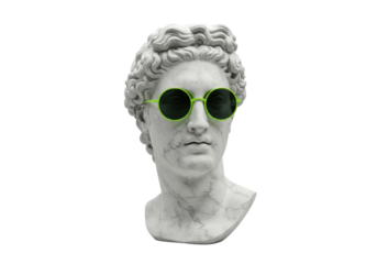 Isolated statue head wearing round sunglasses, sculpture with summer accessory, eye-wear