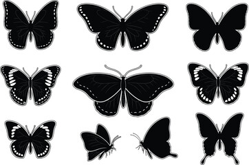 Butterfly silhouette vector set, black insect icons, isolated winged animal clipart, editable graphic elements for stock illustration design