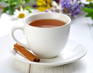 White teacup with cinnamon sticks on a white table, surrounded by flowers