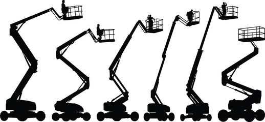 Boom lift silhouettes, aerial work platforms, cherry picker icons, construction equipment, elevated workers, black illustrations, vector design, industrial access tools © rakib's world