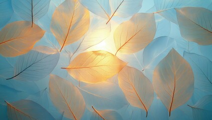 Backlit Skeleton Leaves: Golden Hues on Teal Background