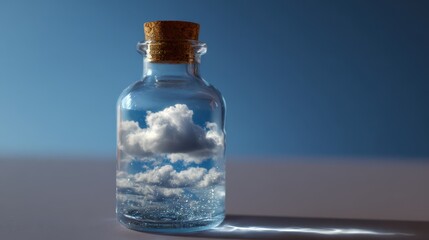 Obraz premium A glass bottle filled with water reflects clouds, creating a dreamy, surreal atmosphere, encapsulating nature's beauty in a small, artistic form.