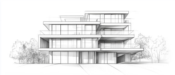 Ultra-detailed pencil sketch in grayscale of a contemporary three-story home